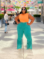 Plus Size Turquoise 2 Layer Fringe Mineral Washed Pants