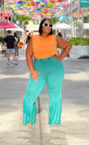 Plus Size Turquoise 2 Layer Fringe Mineral Washed Pants