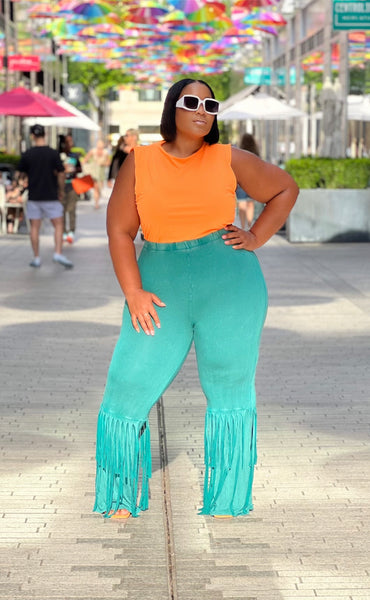 Plus Size Turquoise 2 Layer Fringe Mineral Washed Pants – APRIL NI